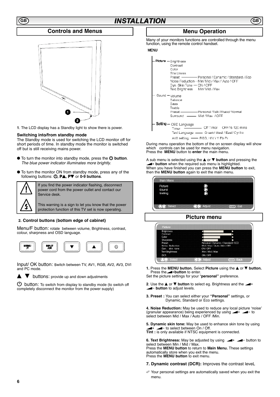 Controls and menus, Picture menu menu operation | Sanyo CE42SRE1 User Manual | Page 6 / 64