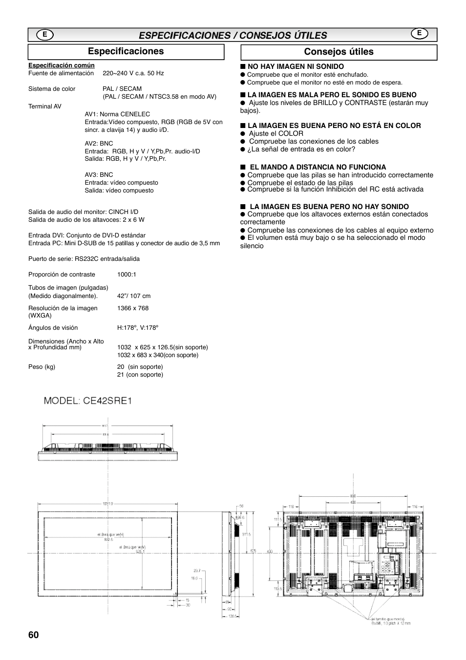 Especificaciones consejos útiles | Sanyo CE42SRE1 User Manual | Page 60 / 64