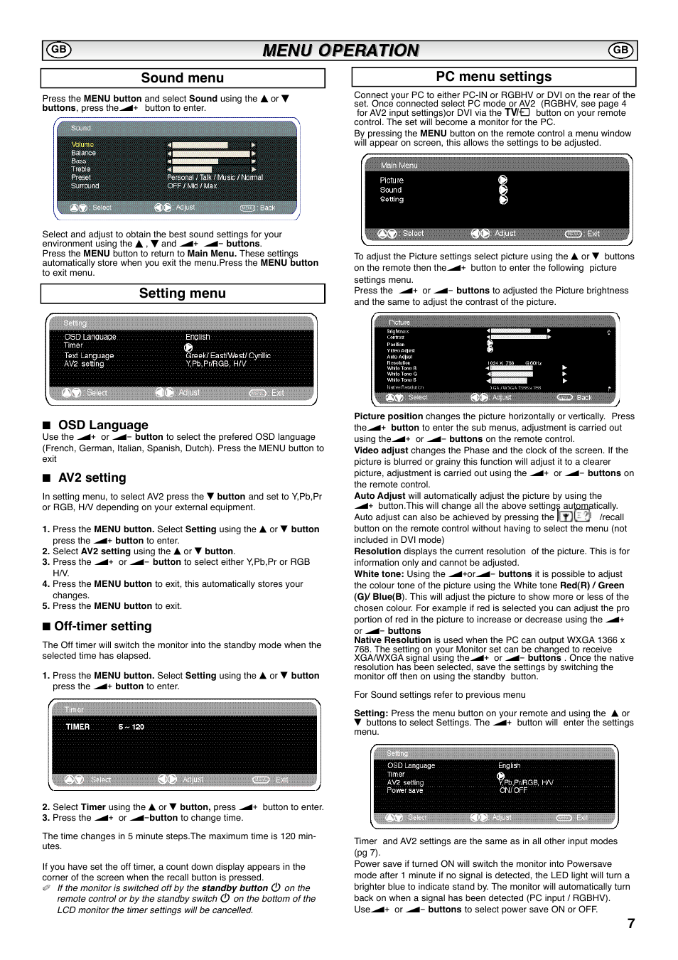 Setting menu, Pc menu settings sound menu, Osd language | Av2 setting, Off-timer setting | Sanyo CE42SRE1 User Manual | Page 7 / 64