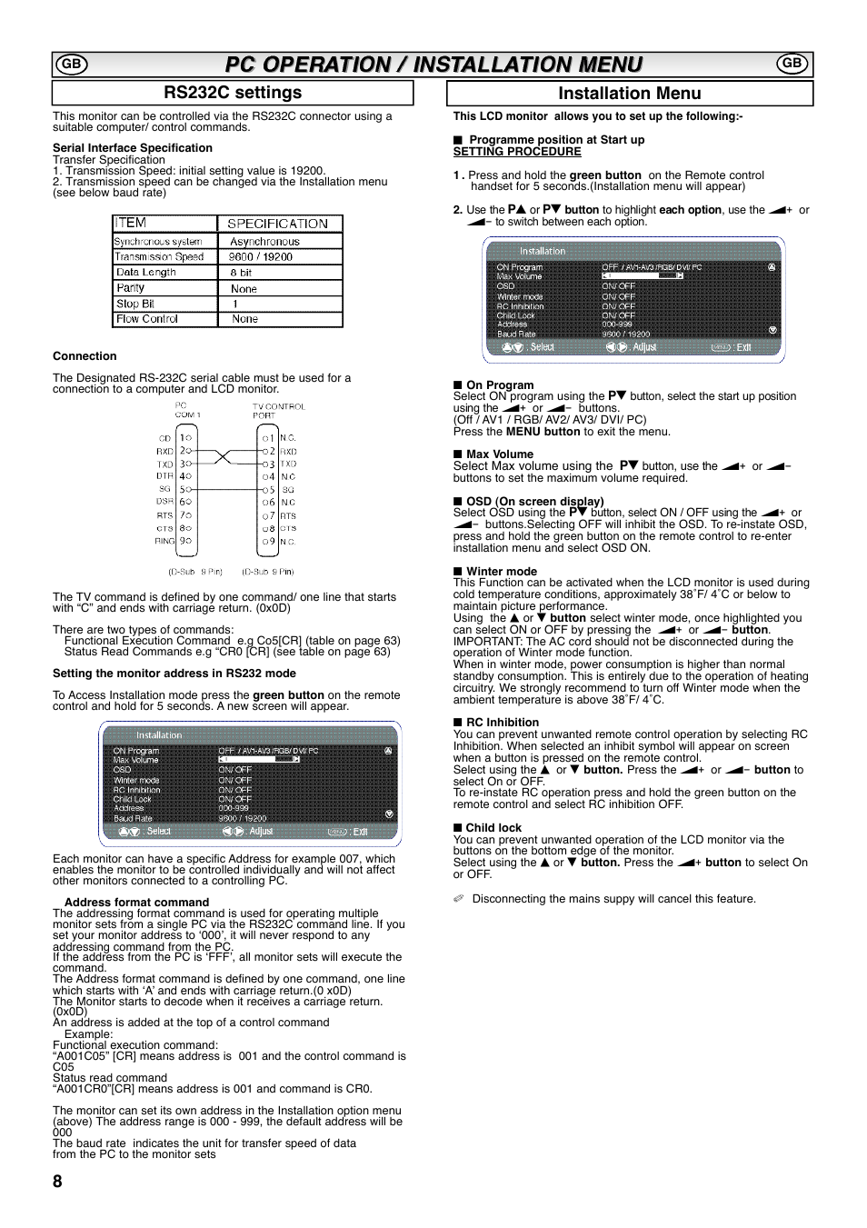 Rs232c settings installation menu | Sanyo CE42SRE1 User Manual | Page 8 / 64