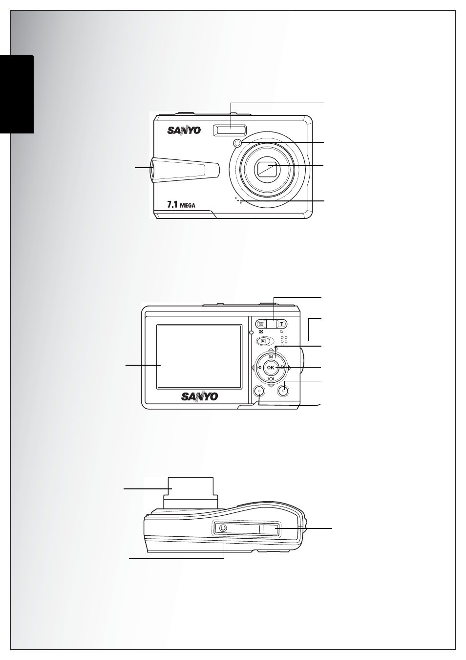 Camera views, Front view, Back view | Top view, English, Front view back view top view, 2 introduction camera views, Shutter button power button zoom lens | Sanyo VPC-S750 User Manual | Page 16 / 63