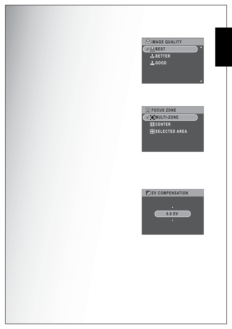 Image quality, Focus zone, Ev compensation | English | Sanyo VPC-S750 User Manual | Page 35 / 63