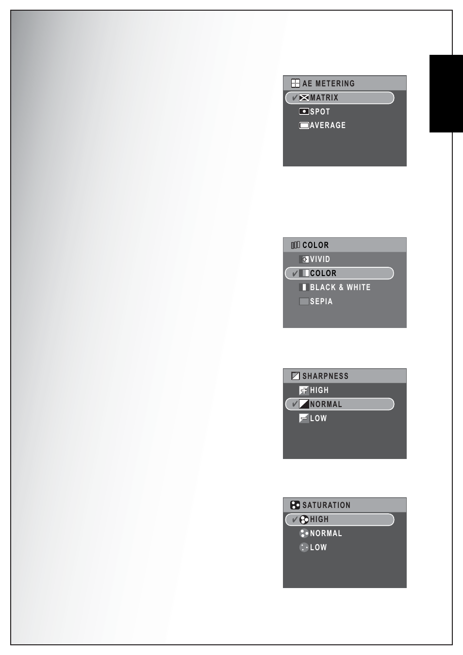 Ae metering, Color, Sharpness | Saturation, English | Sanyo VPC-S750 User Manual | Page 37 / 63