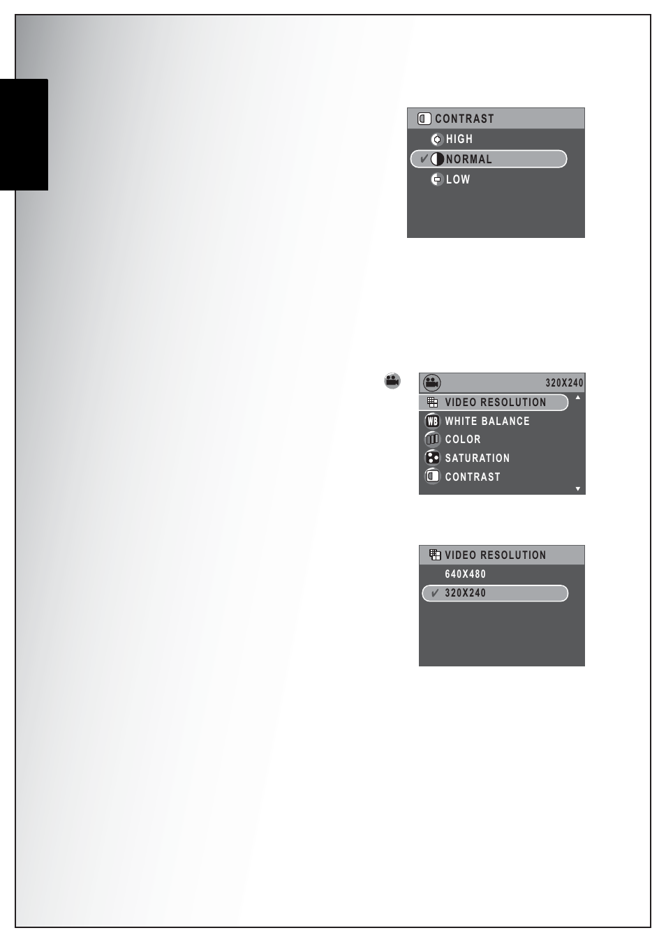 Contrast, Setup, Video capture menu | Video resolution, White balance, Color, Saturation, English | Sanyo VPC-S750 User Manual | Page 38 / 63