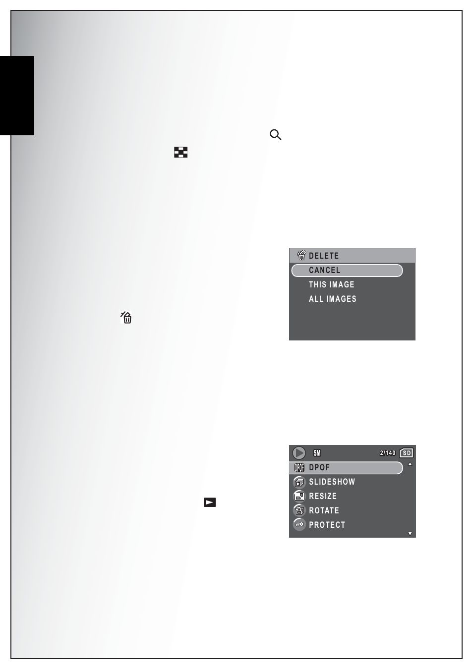 Zooming in during playback, Deleting photos/videos, Using the playback menu | Dpof, English | Sanyo VPC-S750 User Manual | Page 44 / 63