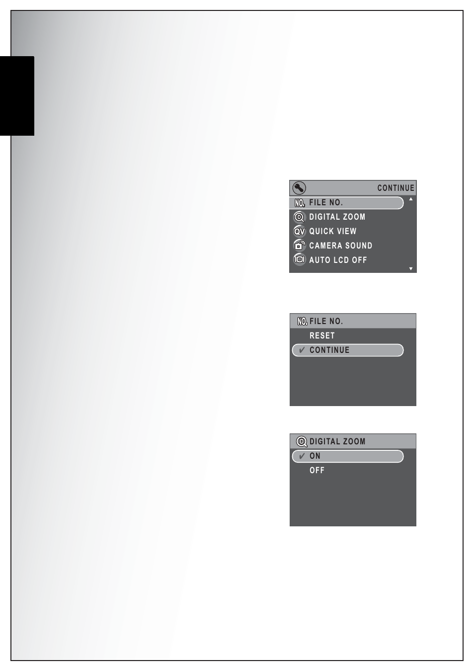 Camera settings, The setup menu, File number | Digital zoom, English | Sanyo VPC-S750 User Manual | Page 50 / 63