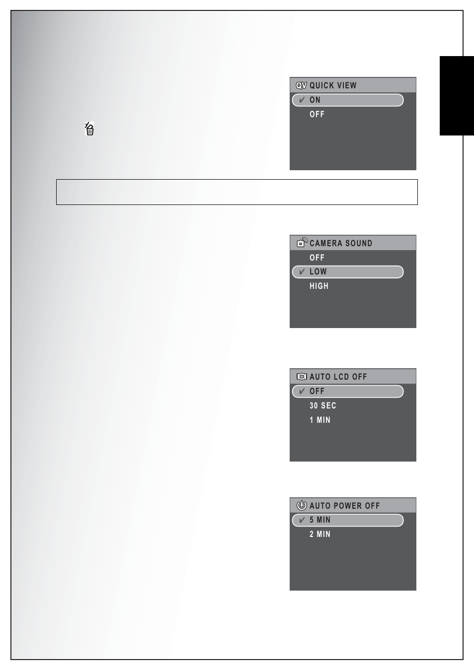 Quick view, Camera sound, Auto lcd off | Auto power off, English | Sanyo VPC-S750 User Manual | Page 51 / 63