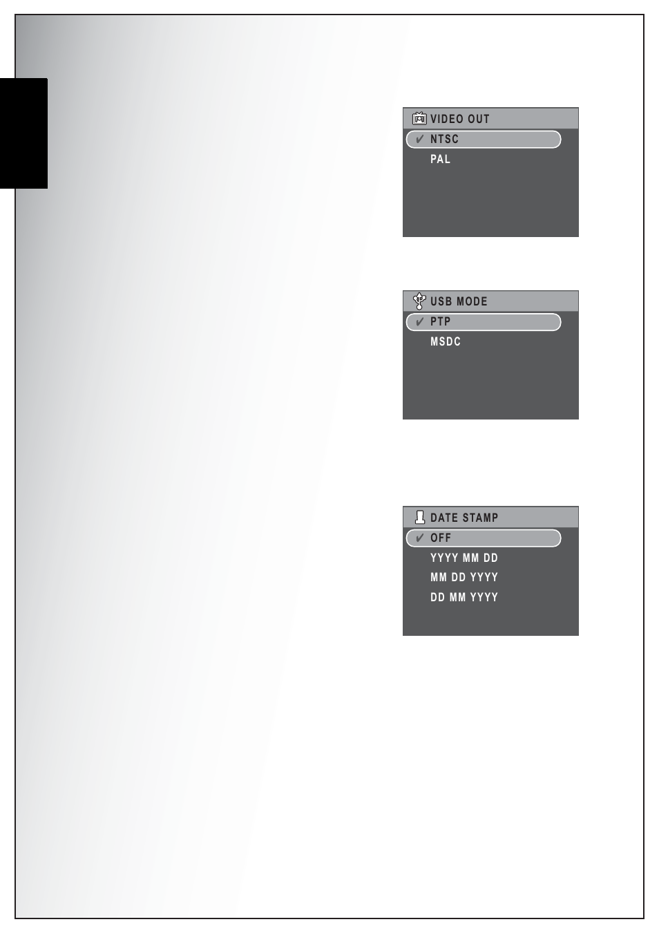 Video out, Usb mode, Date stamp | English | Sanyo VPC-S750 User Manual | Page 52 / 63