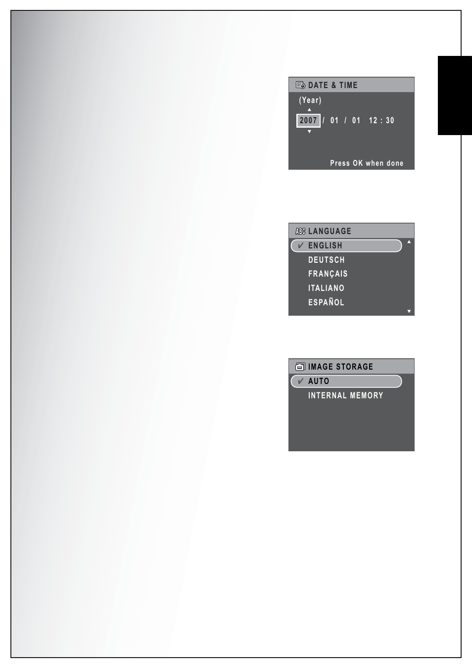 Date and time, Language, Image storage | English | Sanyo VPC-S750 User Manual | Page 53 / 63