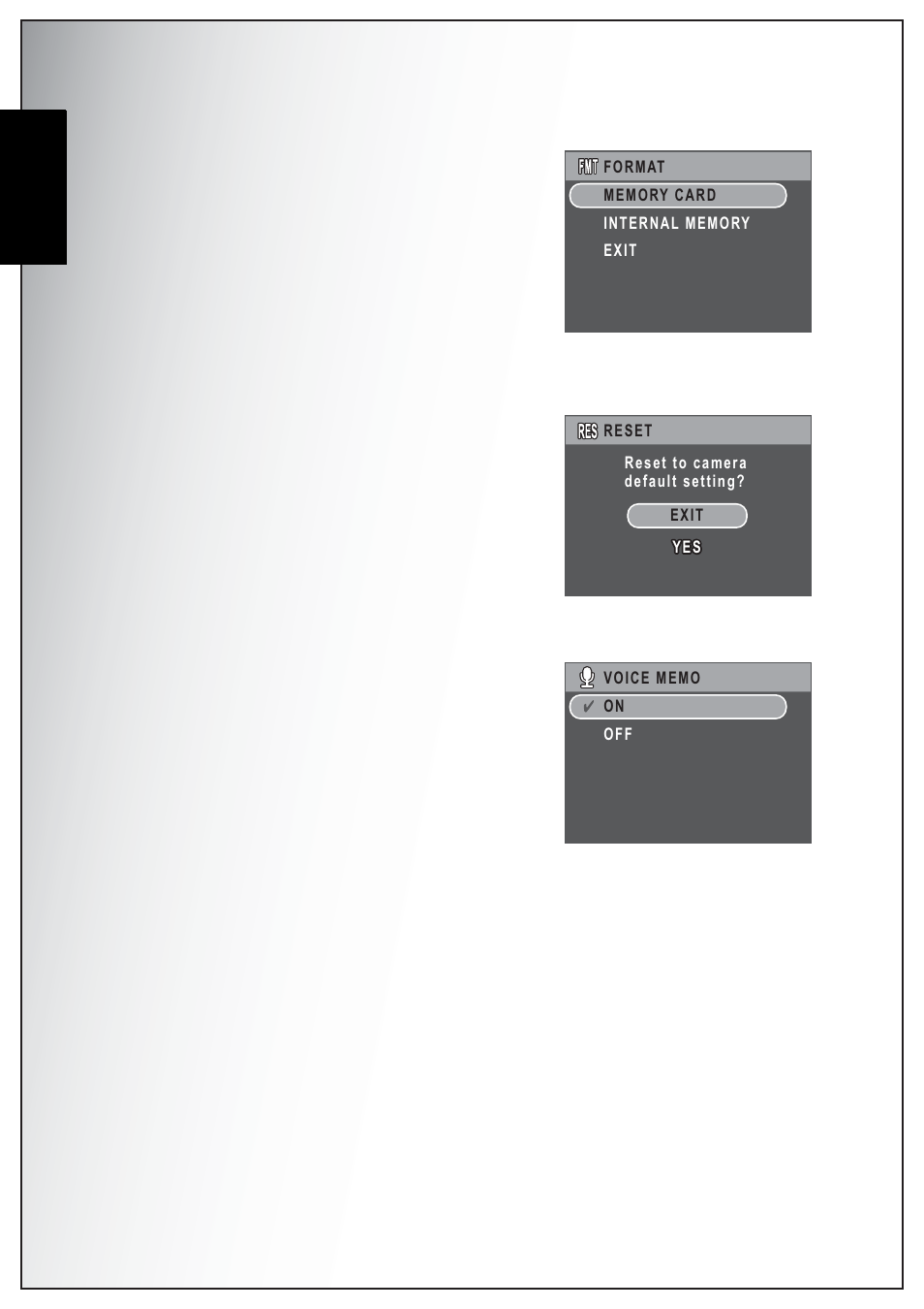 Format, Reset, Voice memo | English | Sanyo VPC-S750 User Manual | Page 54 / 63