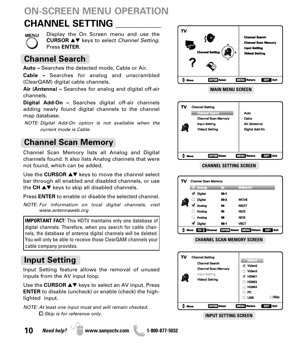 Channel setting, On-screen menu operation, Channel search | Input setting | Sanyo DP50710 User Manual | Page 10 / 60