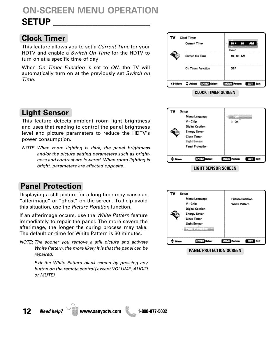 On-screen menu operation setup, Clock timer, Light sensor | Panel protection | Sanyo DP50710 User Manual | Page 12 / 60