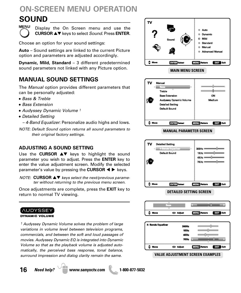 Sound, On-screen menu operation, Manual sound settings | Sanyo DP50710 User Manual | Page 16 / 60
