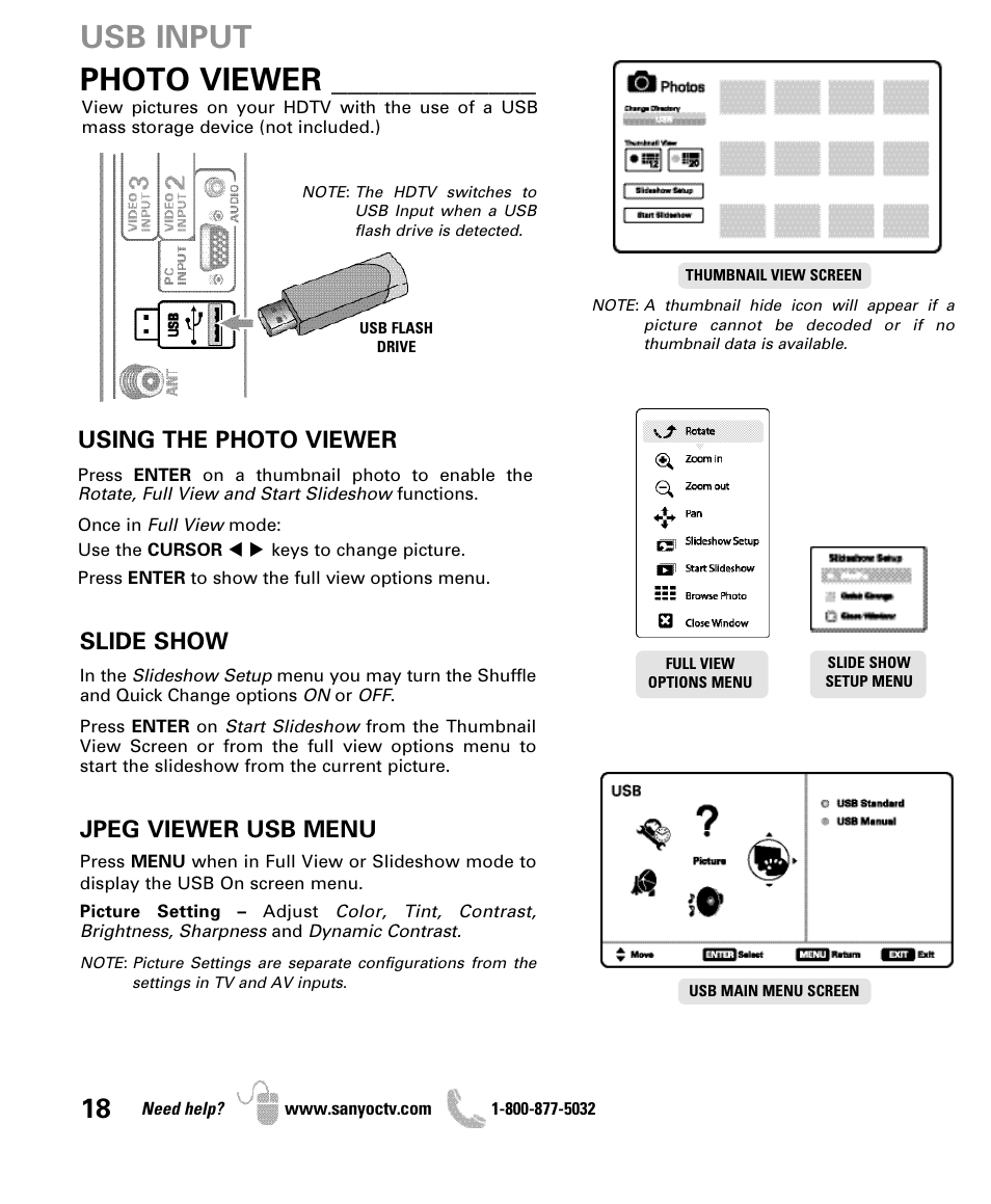 Photo viewer, Usb input, Using the photo viewer | Slide show, Jpeg viewer usb menu | Sanyo DP50710 User Manual | Page 18 / 60