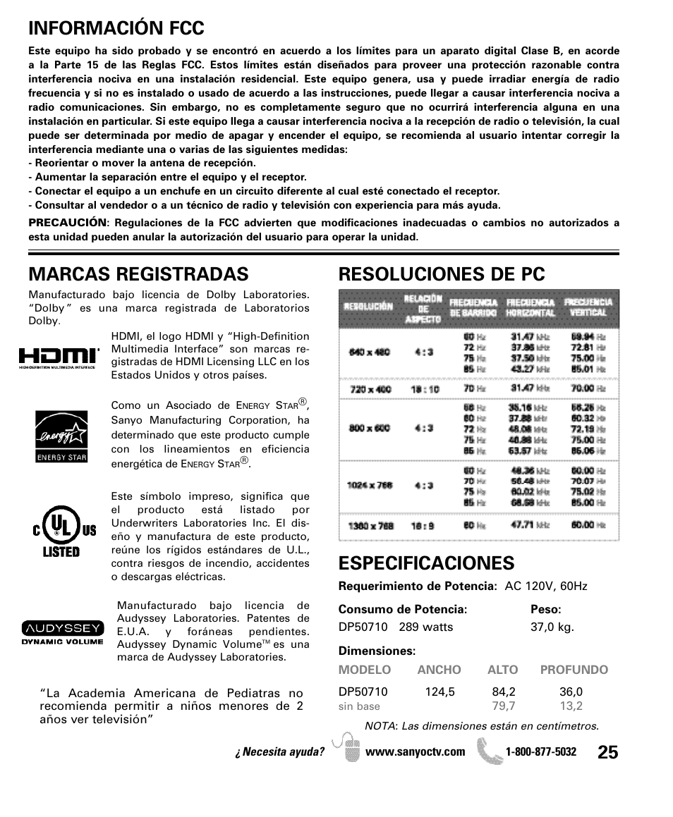 Información fcc, Resoluciones de pc, Especificaciones | Marcas registradas | Sanyo DP50710 User Manual | Page 25 / 60