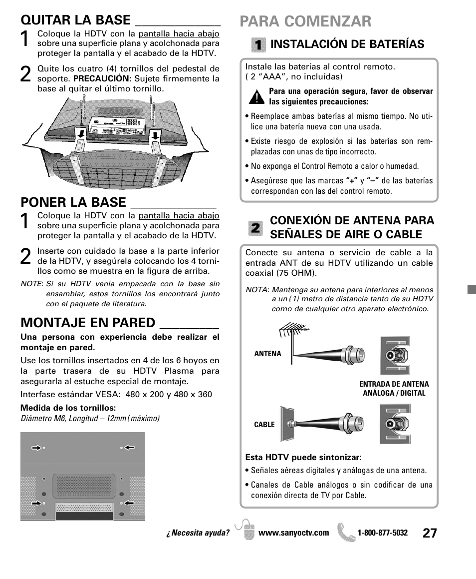 Para comenzar, Quitar la base, Poner la base | Montaje en pared | Sanyo DP50710 User Manual | Page 27 / 60