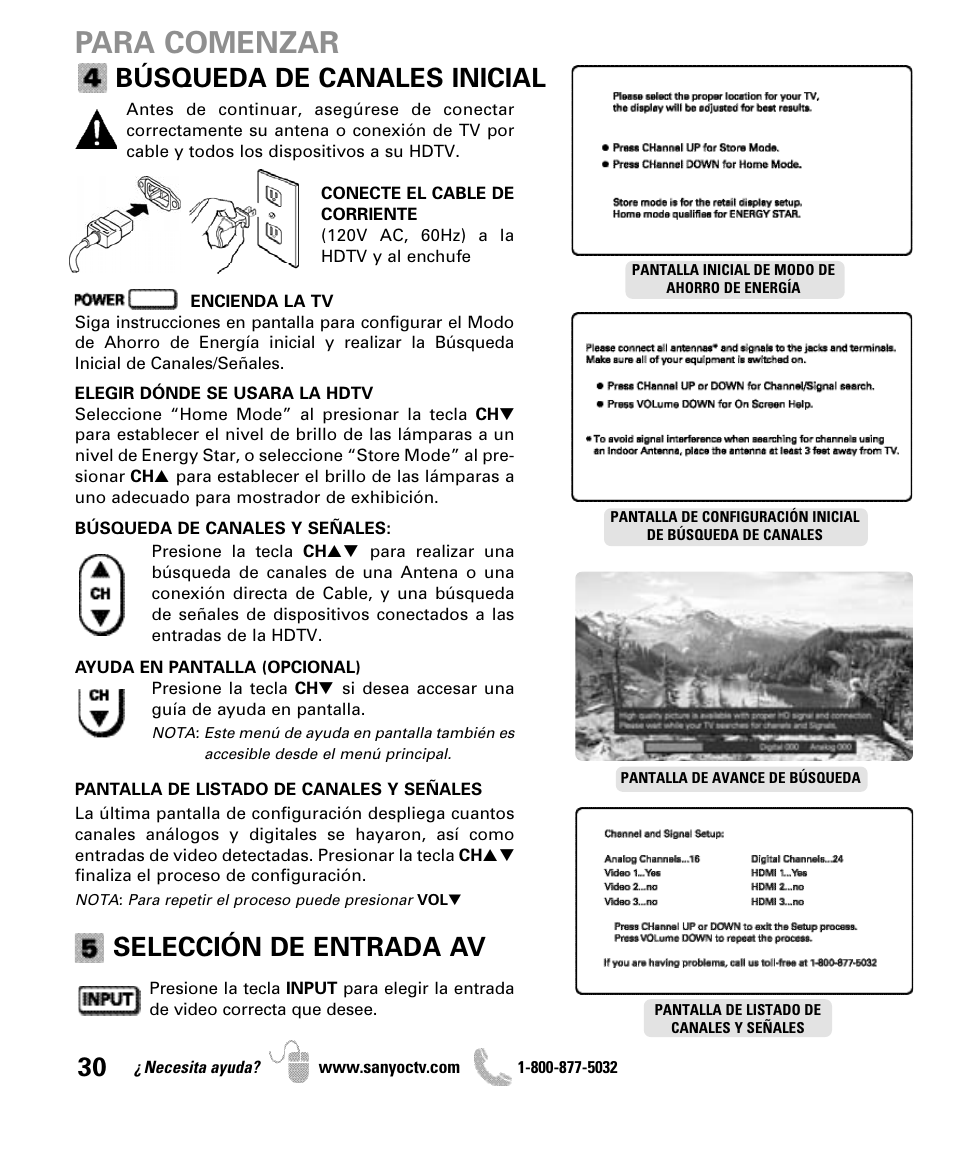 Para comenzar, Búsqueda de canales inicial, Selección de entrada av | Sanyo DP50710 User Manual | Page 30 / 60