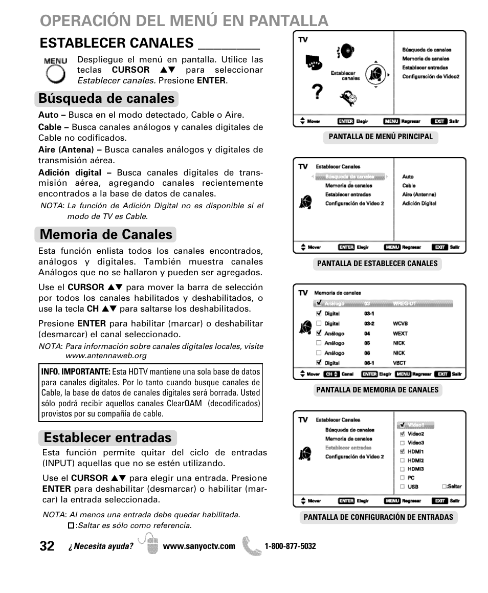 Operación del menú en pantalla, Establecer canales, Búsqueda de canales | Establecer entradas | Sanyo DP50710 User Manual | Page 32 / 60
