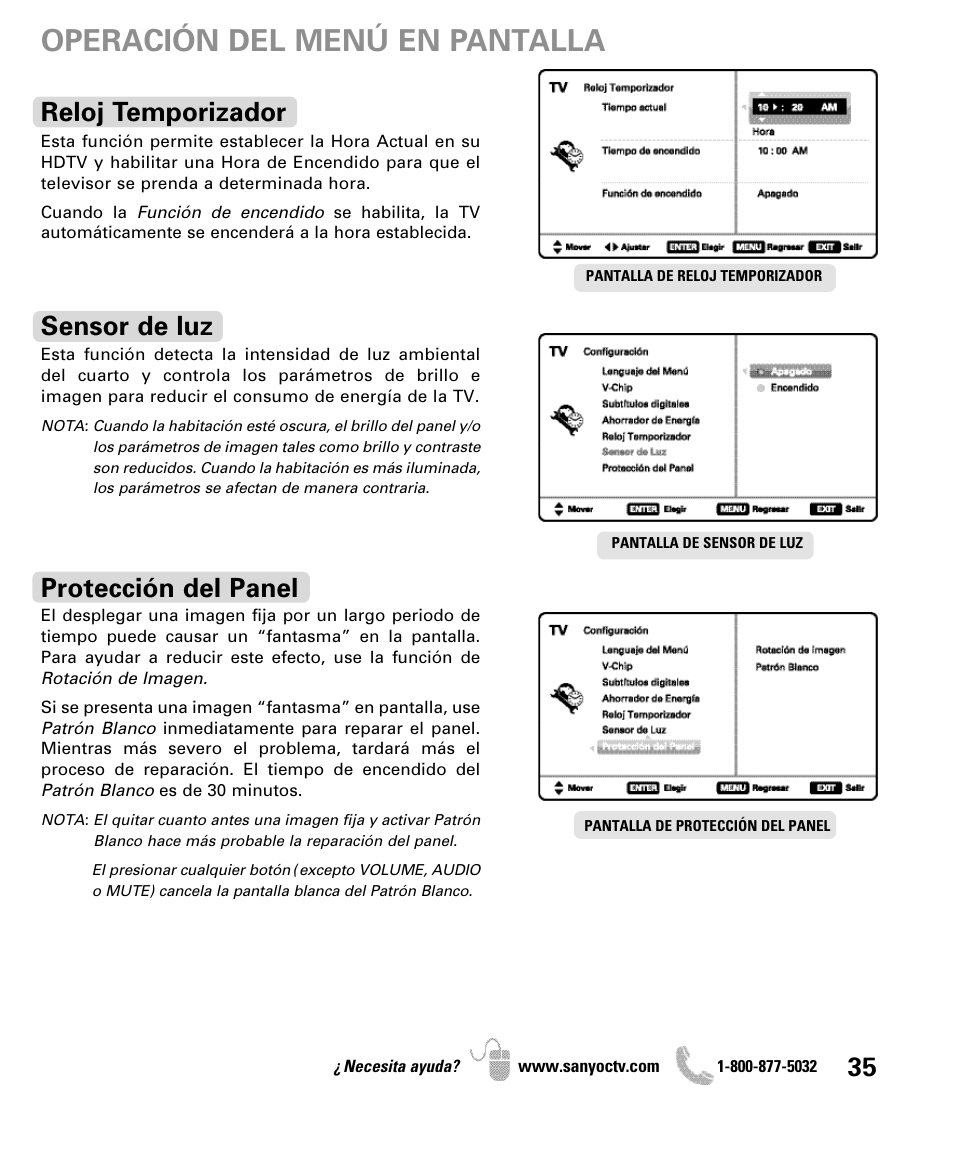 Operación del menú en pantalla, Reloj temporizador, Sensor de luz | Protección del panel | Sanyo DP50710 User Manual | Page 35 / 60