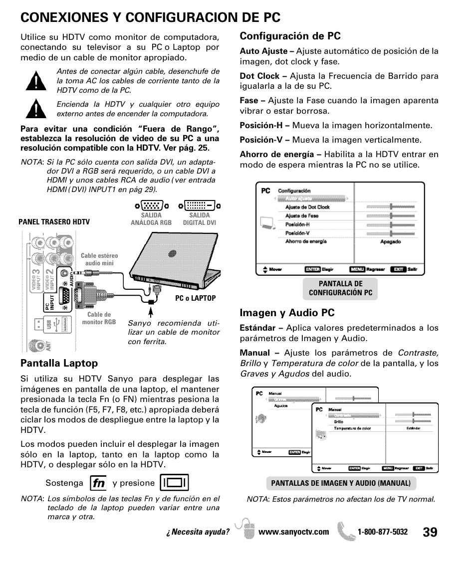 Conexiones y configuracion de pc, Configuración de pc, Imagen y audio pc | Pantalla laptop | Sanyo DP50710 User Manual | Page 39 / 60