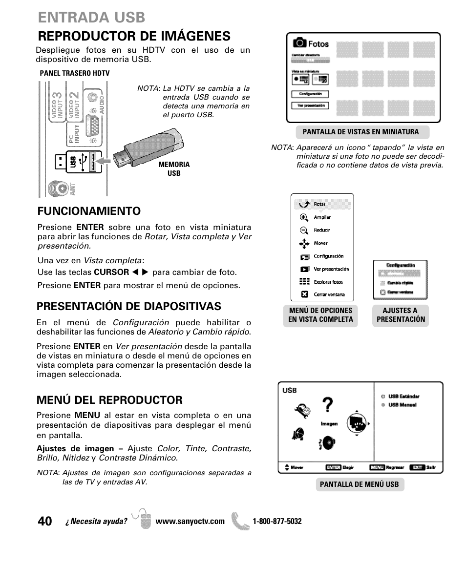 Entrada usb, Reproductor de imágenes, Funcionamiento | Presentación de diapositivas, Menú del reproductor | Sanyo DP50710 User Manual | Page 40 / 60