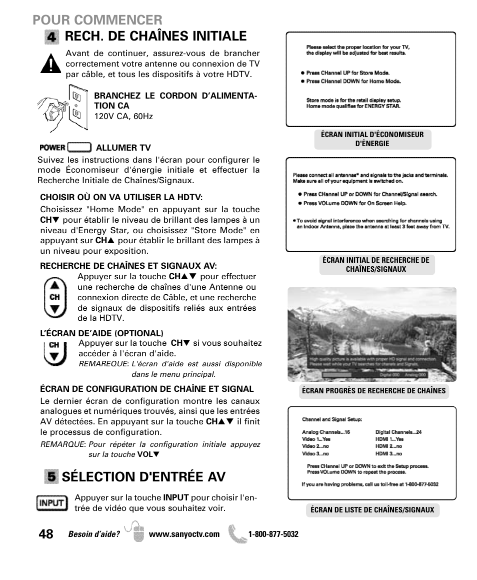 Pour commencer rech. de chaînes initiale, Sélection d'entrée av | Sanyo DP50710 User Manual | Page 48 / 60