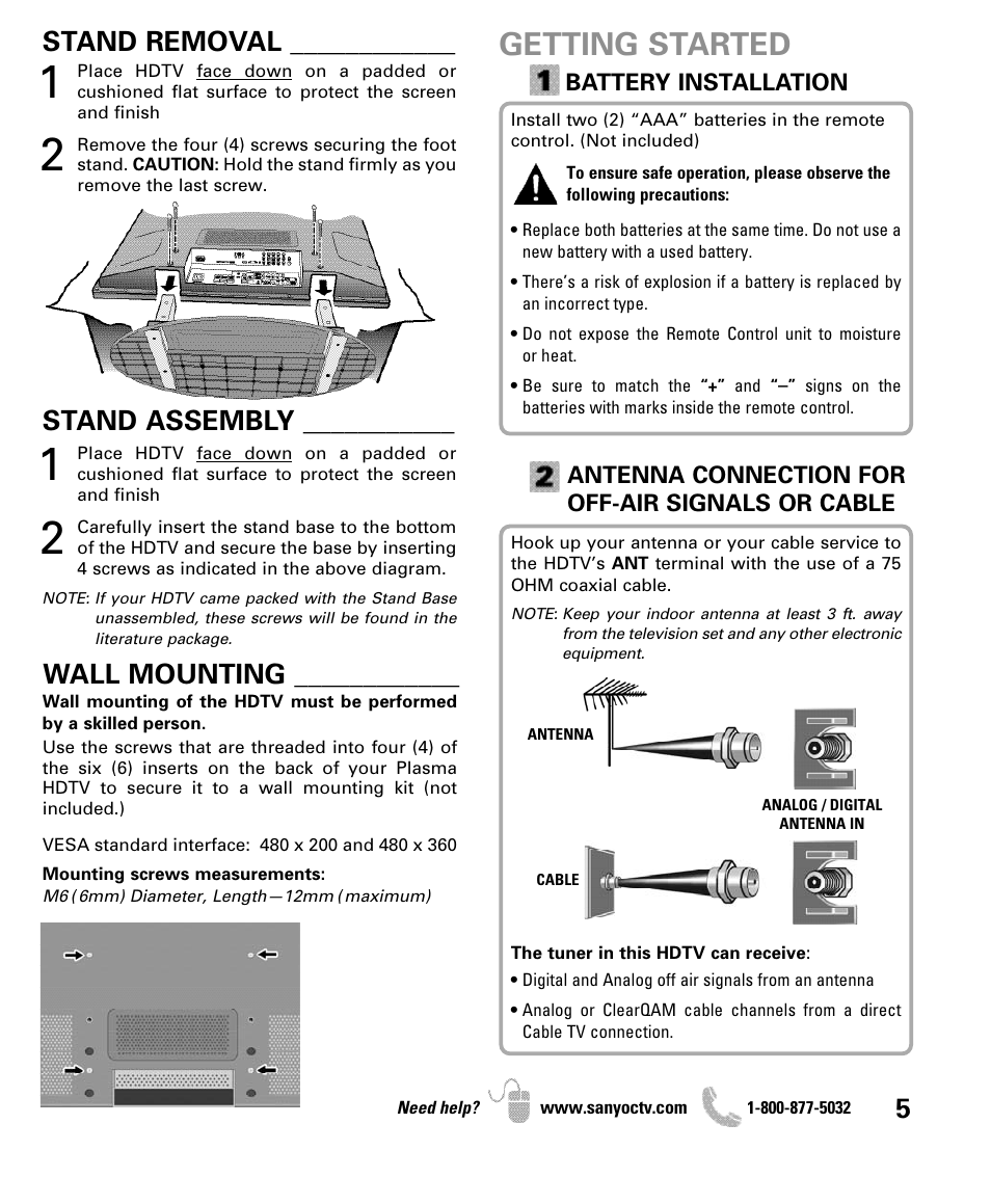 Getting started, Stand removal, Stand assembly | Wall mounting | Sanyo DP50710 User Manual | Page 5 / 60