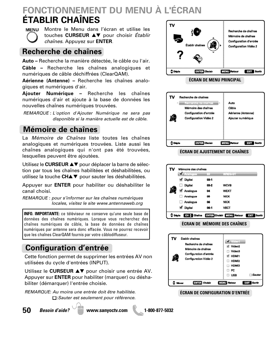 Établir chaînes fonctionnement du menu à l'écran, Recherche de chaînes, Mémoire de chaînes | Configuration d’entrée | Sanyo DP50710 User Manual | Page 50 / 60