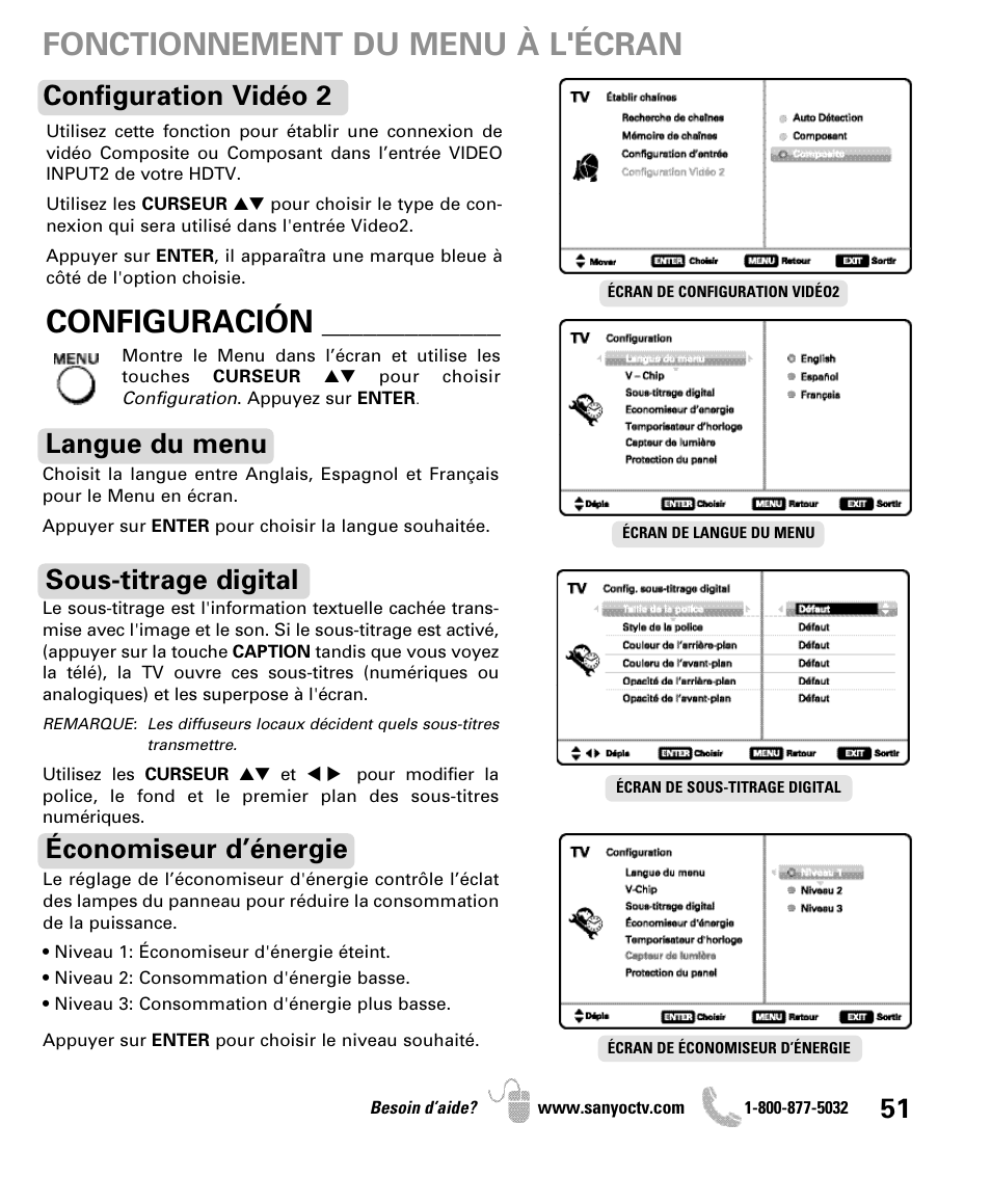 Fonctionnement du menu à l'écran, Configuración, Langue du menu sous-titrage digital | Économiseur d’énergie, Configuration vidéo 2 | Sanyo DP50710 User Manual | Page 51 / 60