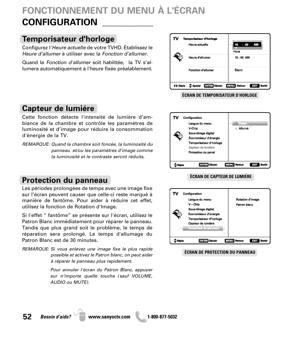 Fonctionnement du menu à l'écran configuration, Temporisateur d'horloge, Capteur de lumiére | Protection du panneau | Sanyo DP50710 User Manual | Page 52 / 60