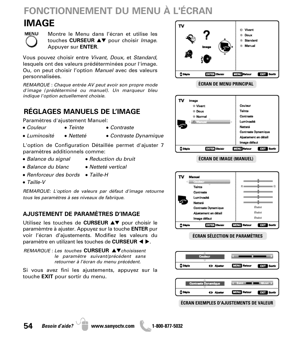 Image fonctionnement du menu à l'écran, Réglages manuels de l’image | Sanyo DP50710 User Manual | Page 54 / 60