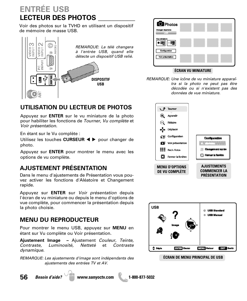 Entrée usb, Lecteur des photos, Utilisation du lecteur de photos | Ajustement présentation, Menu du reproducteur | Sanyo DP50710 User Manual | Page 56 / 60