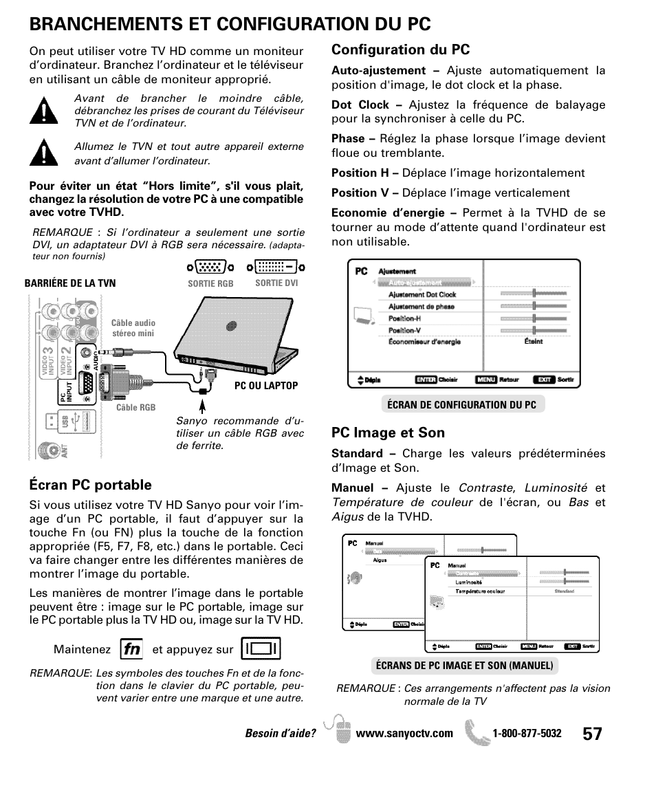 Branchements et configuration du pc, Configuration du pc, Pc image et son | Écran pc portable | Sanyo DP50710 User Manual | Page 57 / 60