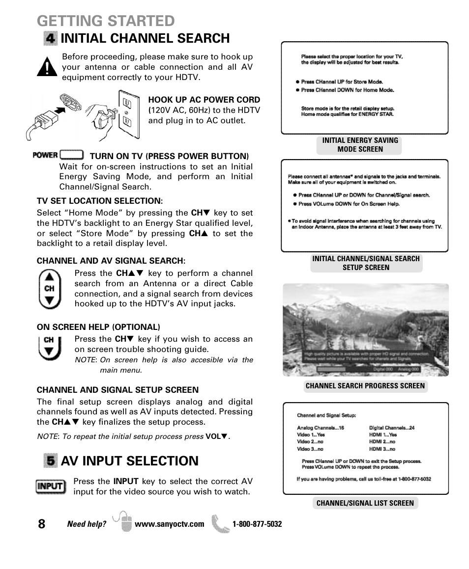 Getting started, Initial channel search, Av input selection | Sanyo DP50710 User Manual | Page 8 / 60