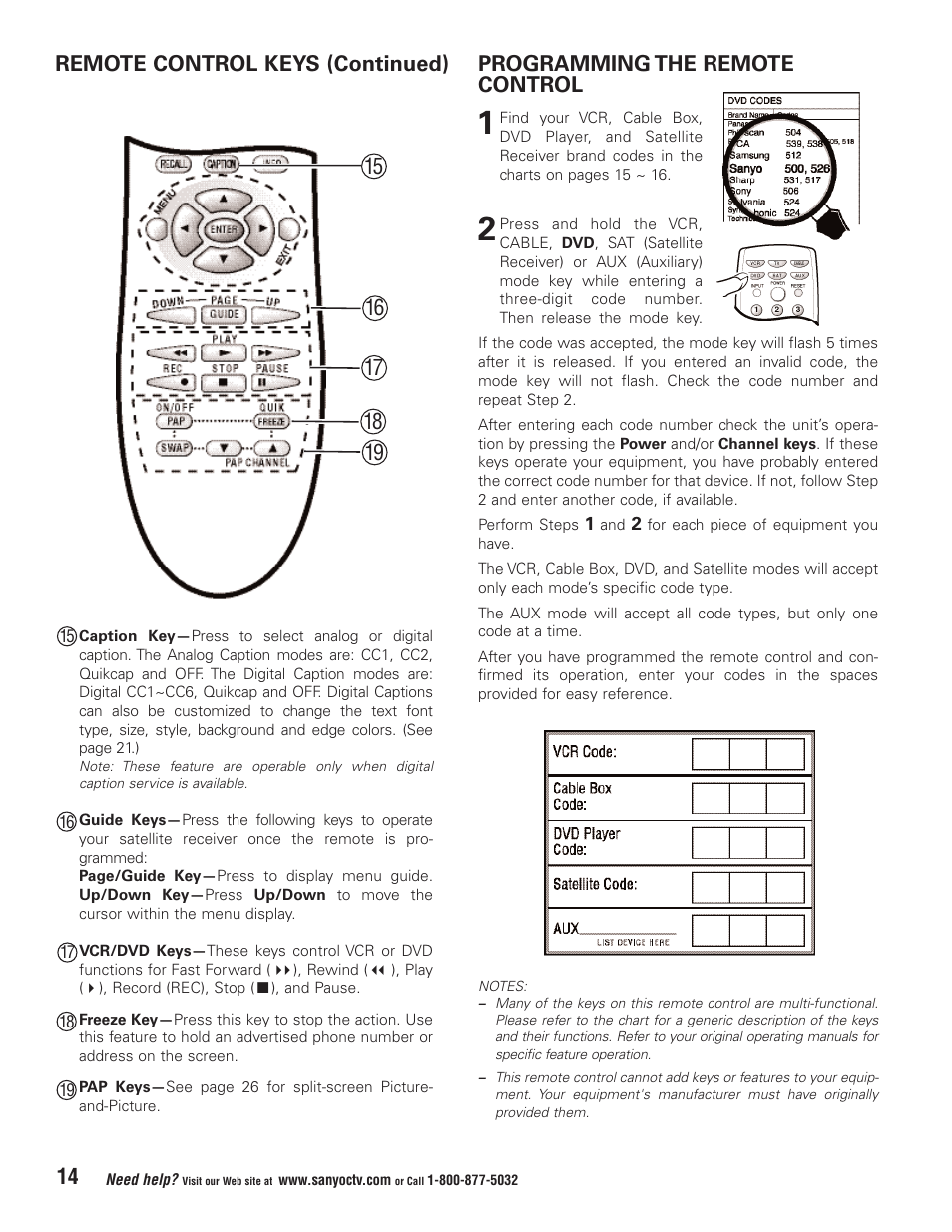 Remote control keys (continued) | Sanyo HT32744 User Manual | Page 14 / 62