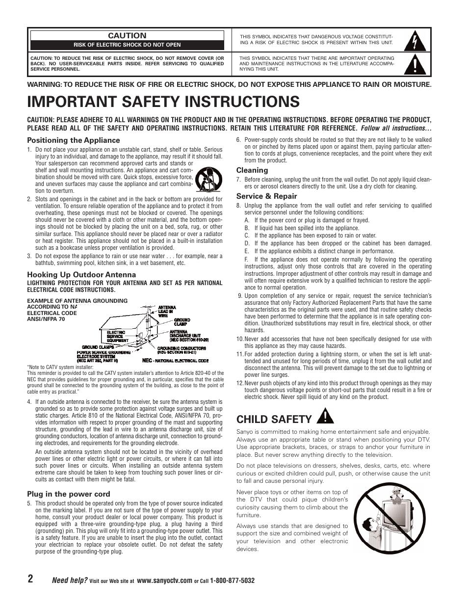 Important safety instructions, Child safety | Sanyo HT32744 User Manual | Page 2 / 62