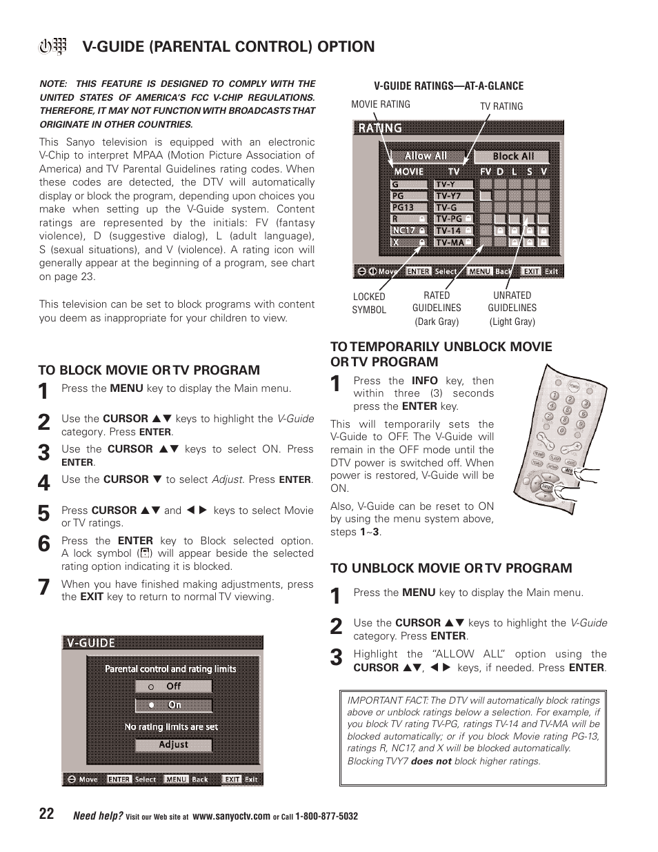 V-guide (parental control) option | Sanyo HT32744 User Manual | Page 22 / 62