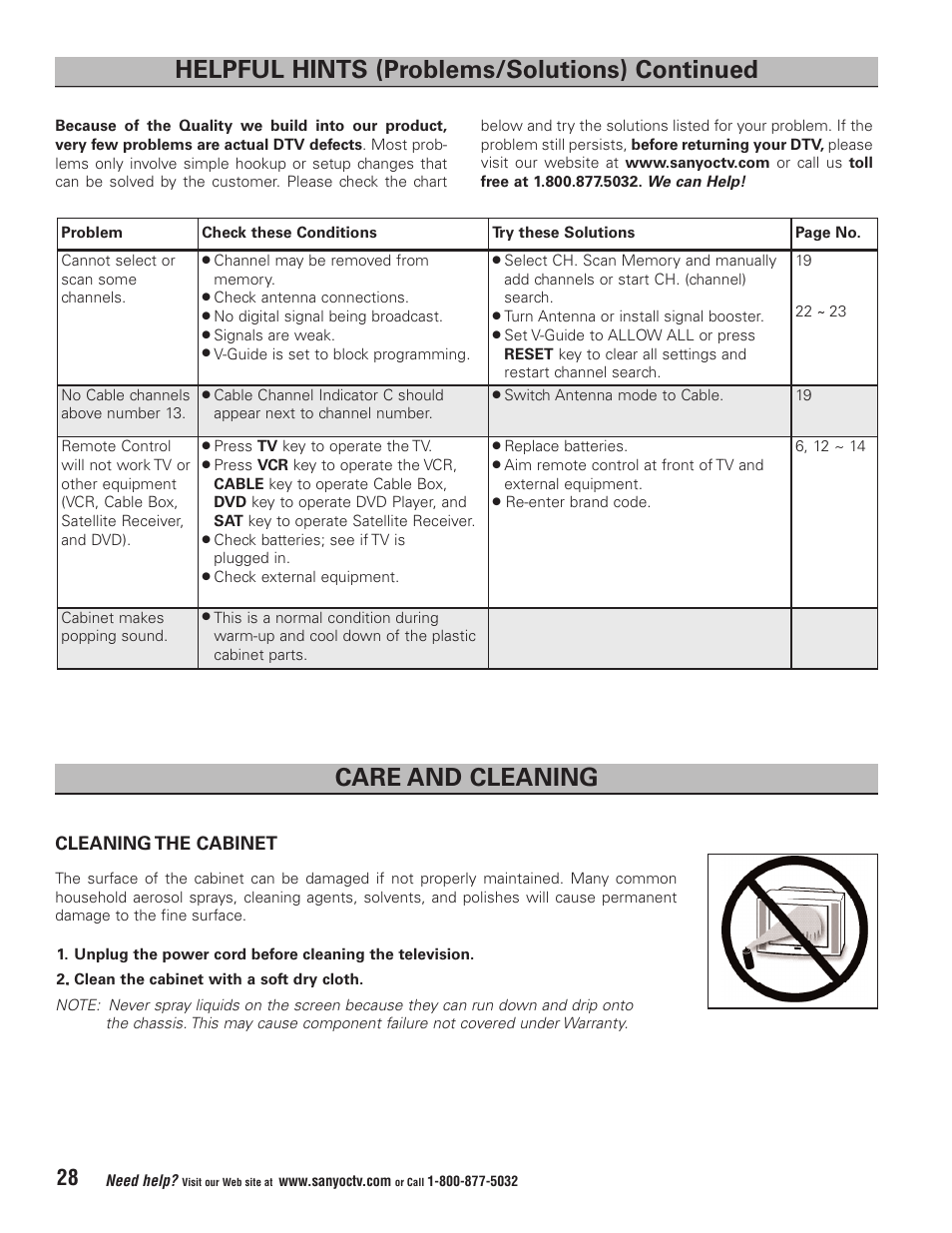 Cleaning the cabinet | Sanyo HT32744 User Manual | Page 28 / 62