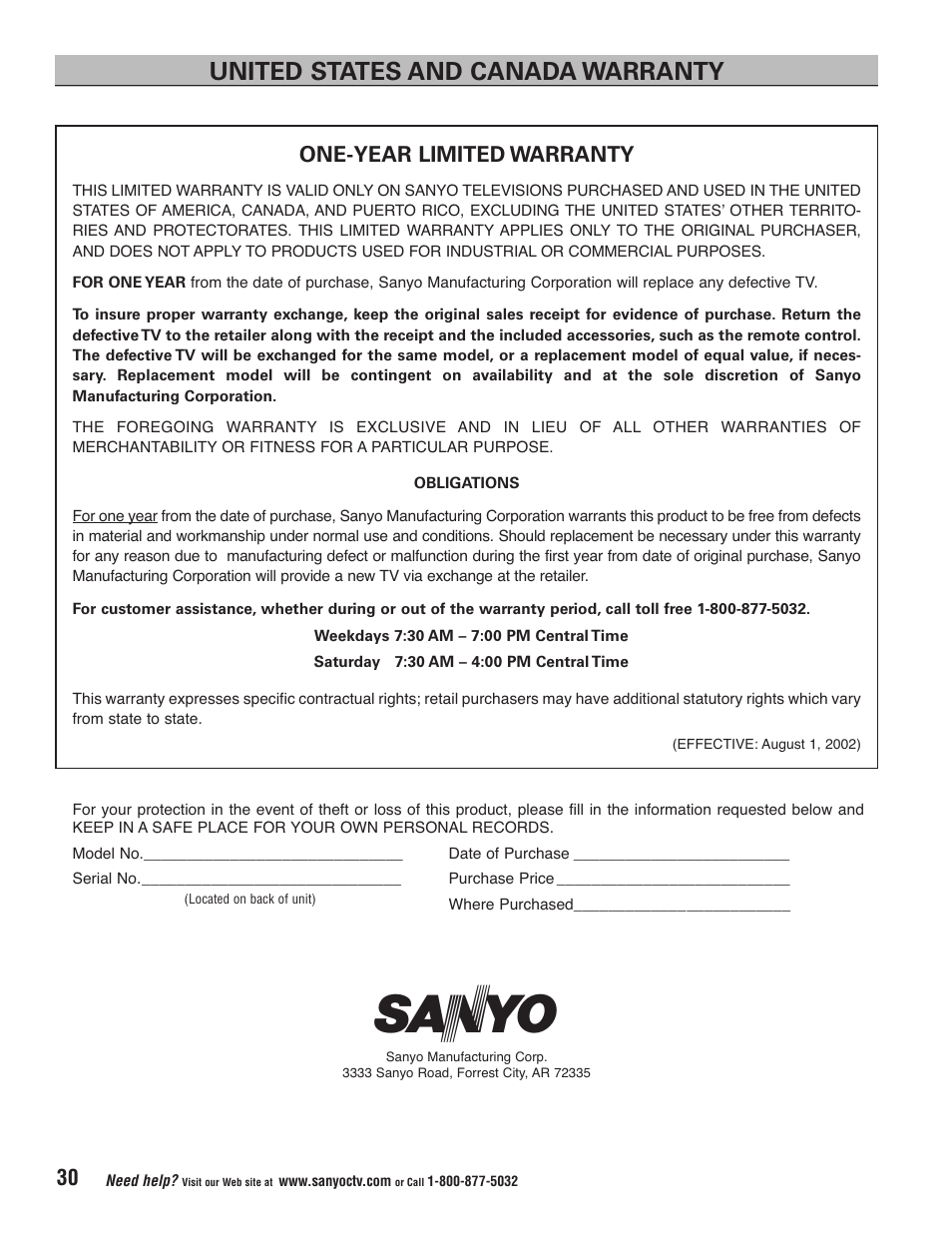 United states and canada warranty, One-year limited warranty | Sanyo HT32744 User Manual | Page 30 / 62
