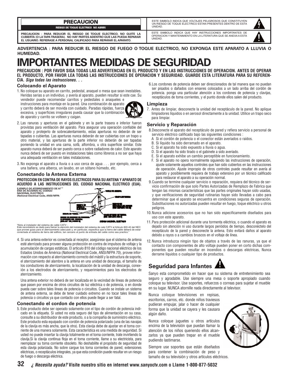 Importantes medidas de seguridad, Seguridad para infantes, Colocando el aparato | Conectando la antena externa, Conectando el cordon de potencia, Limpieza, Servicio y reparación | Sanyo HT32744 User Manual | Page 32 / 62