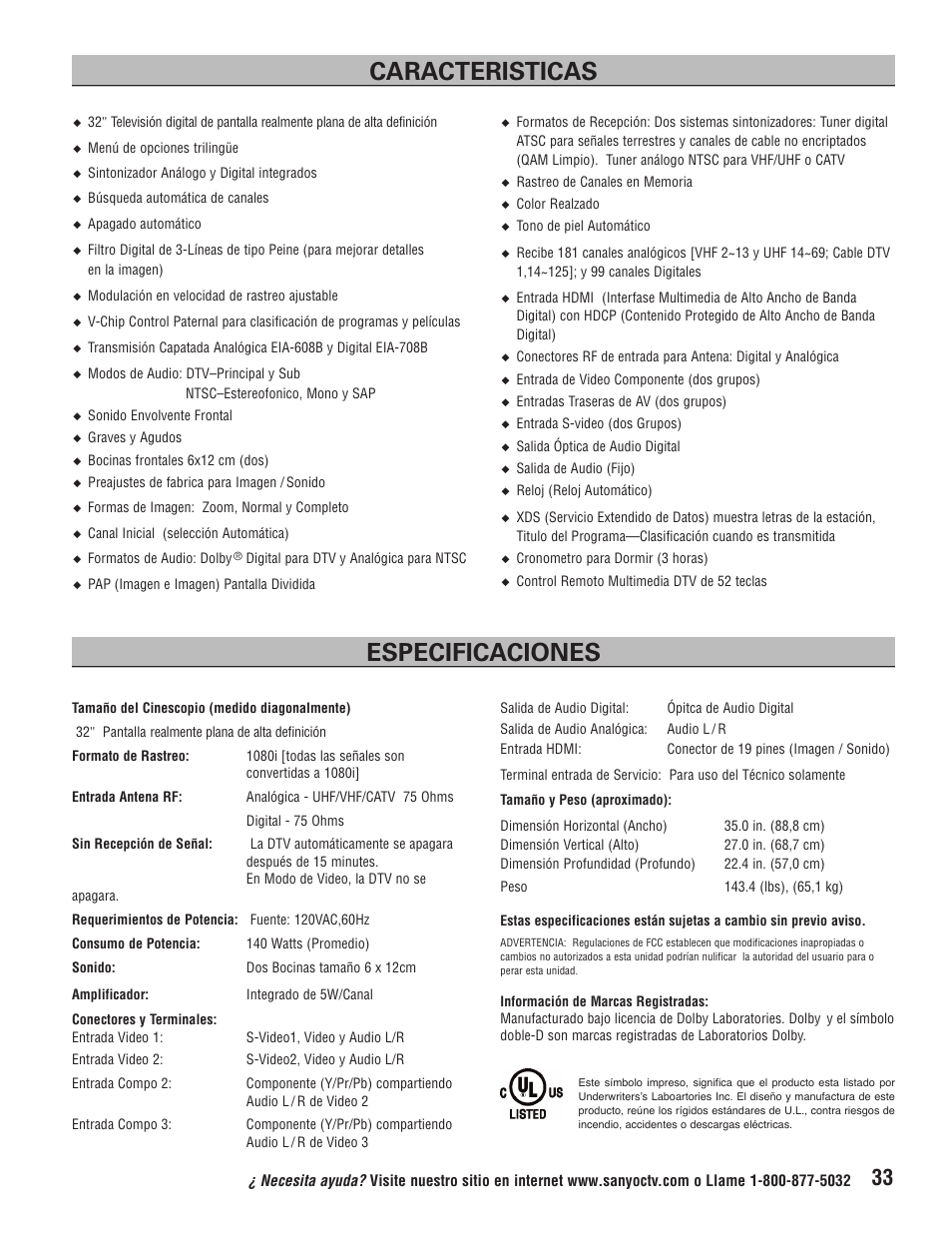 Caracteristicas especificaciones | Sanyo HT32744 User Manual | Page 33 / 62