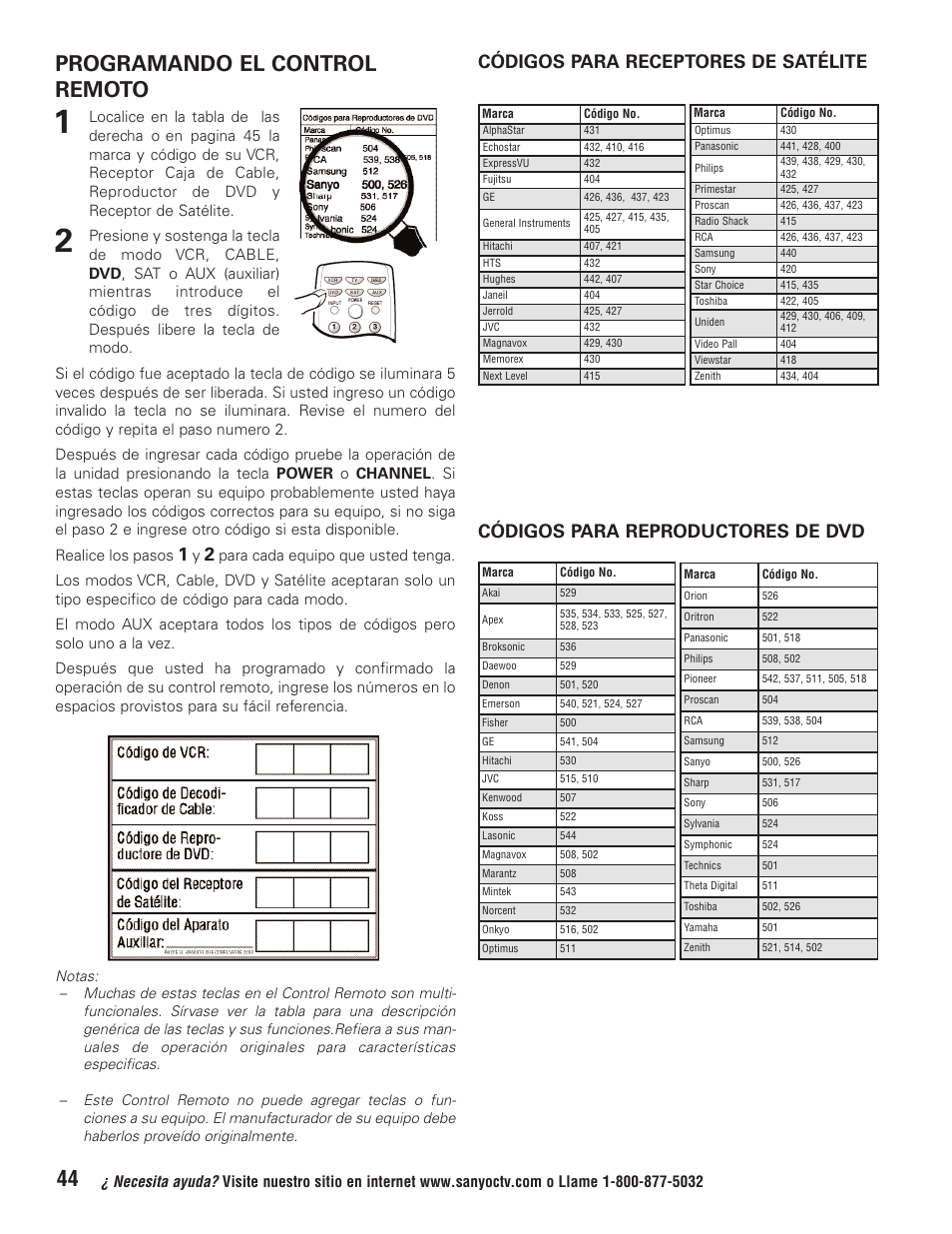 Programando el control remoto, Códigos para reproductores de dvd, Códigos para receptores de satélite | Sanyo HT32744 User Manual | Page 44 / 62