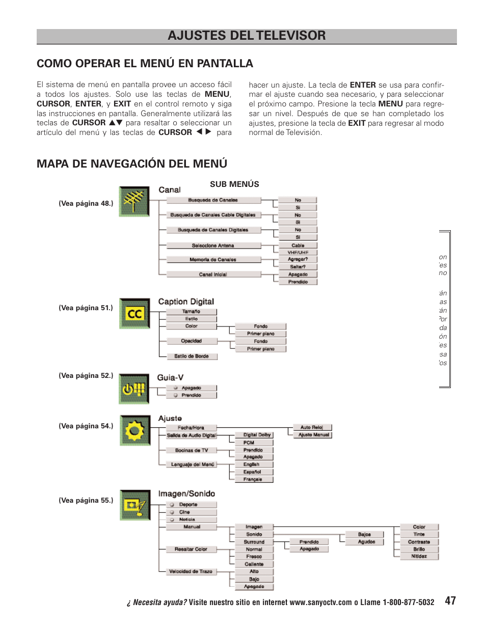 Ajustes del televisor | Sanyo HT32744 User Manual | Page 47 / 62