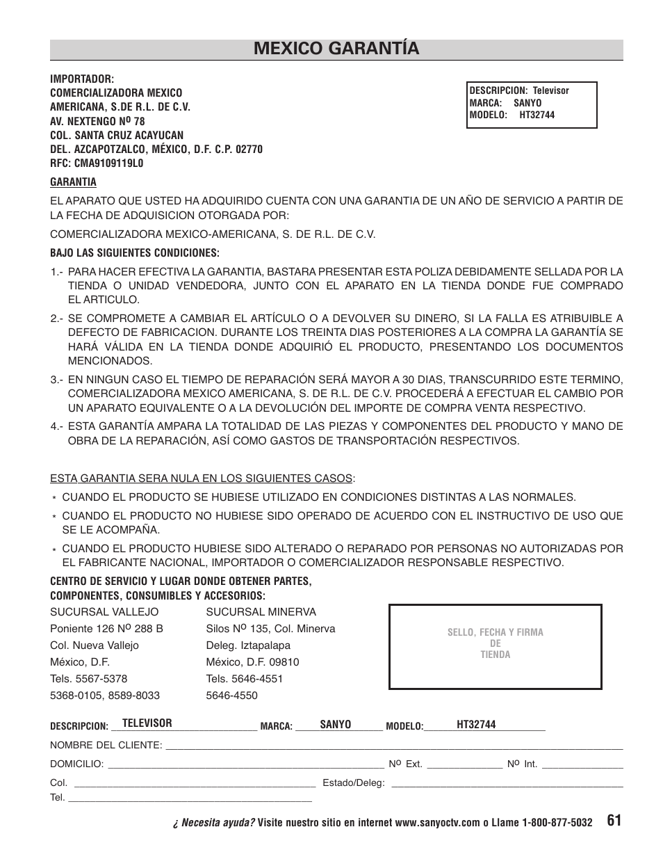 Mexico garantía | Sanyo HT32744 User Manual | Page 61 / 62