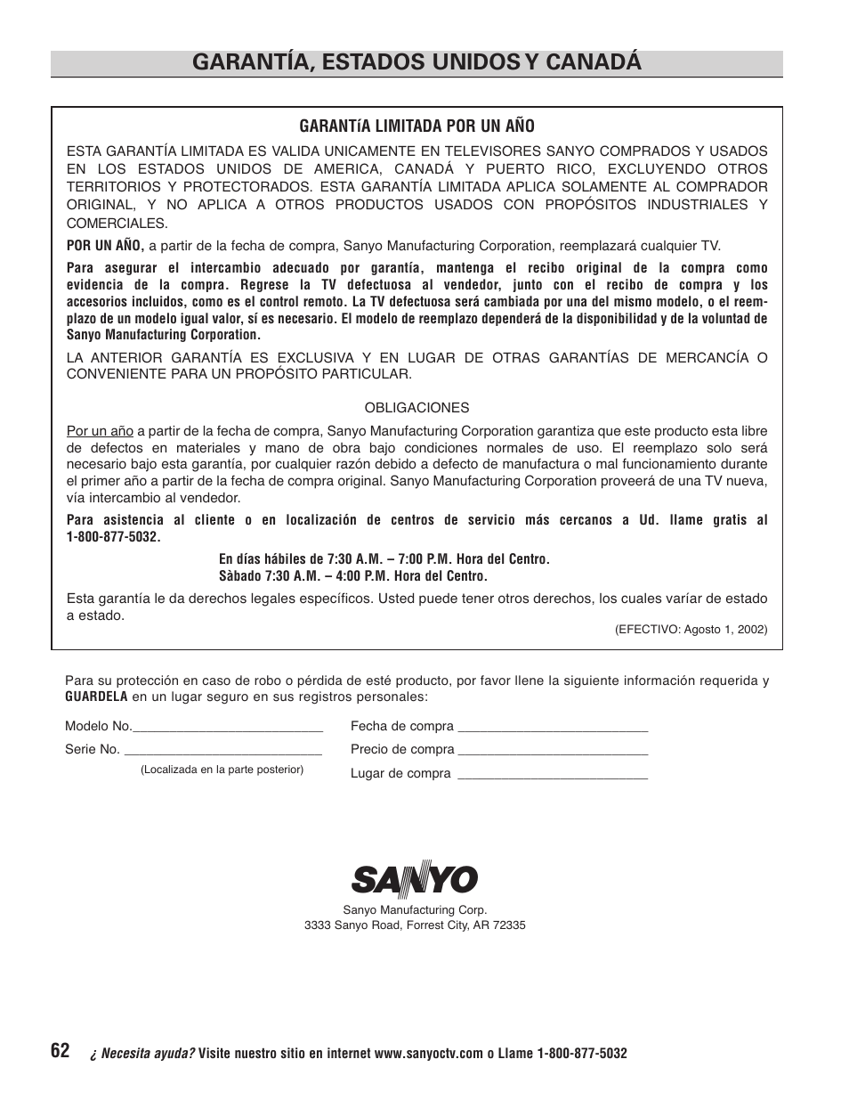 Garantía, estados unidos y canadá | Sanyo HT32744 User Manual | Page 62 / 62