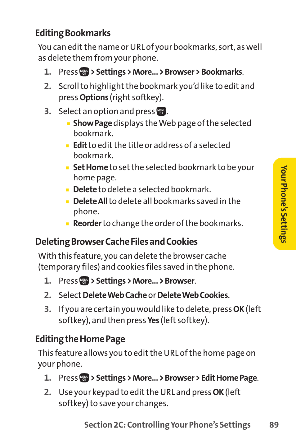 Editing bookmarks, Deleting browser cache files and cookies, Editing the home page | Sanyo PRO-200 User Manual | Page 103 / 236