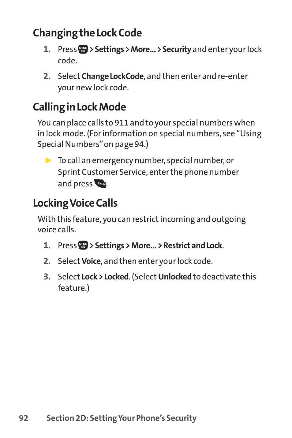 Changing the lock code, Calling in lock mode, Locking voice calls | Sanyo PRO-200 User Manual | Page 106 / 236