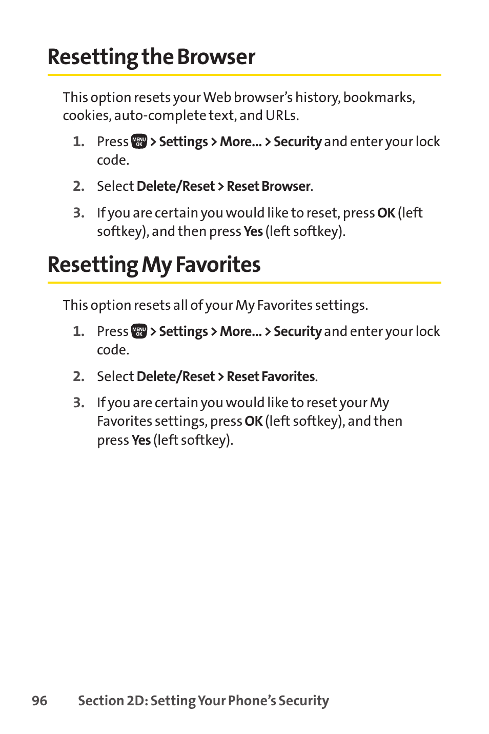 Resetting the browser, Resetting my favorites, Resetting the browser resetting my favorites | E 96) | Sanyo PRO-200 User Manual | Page 110 / 236