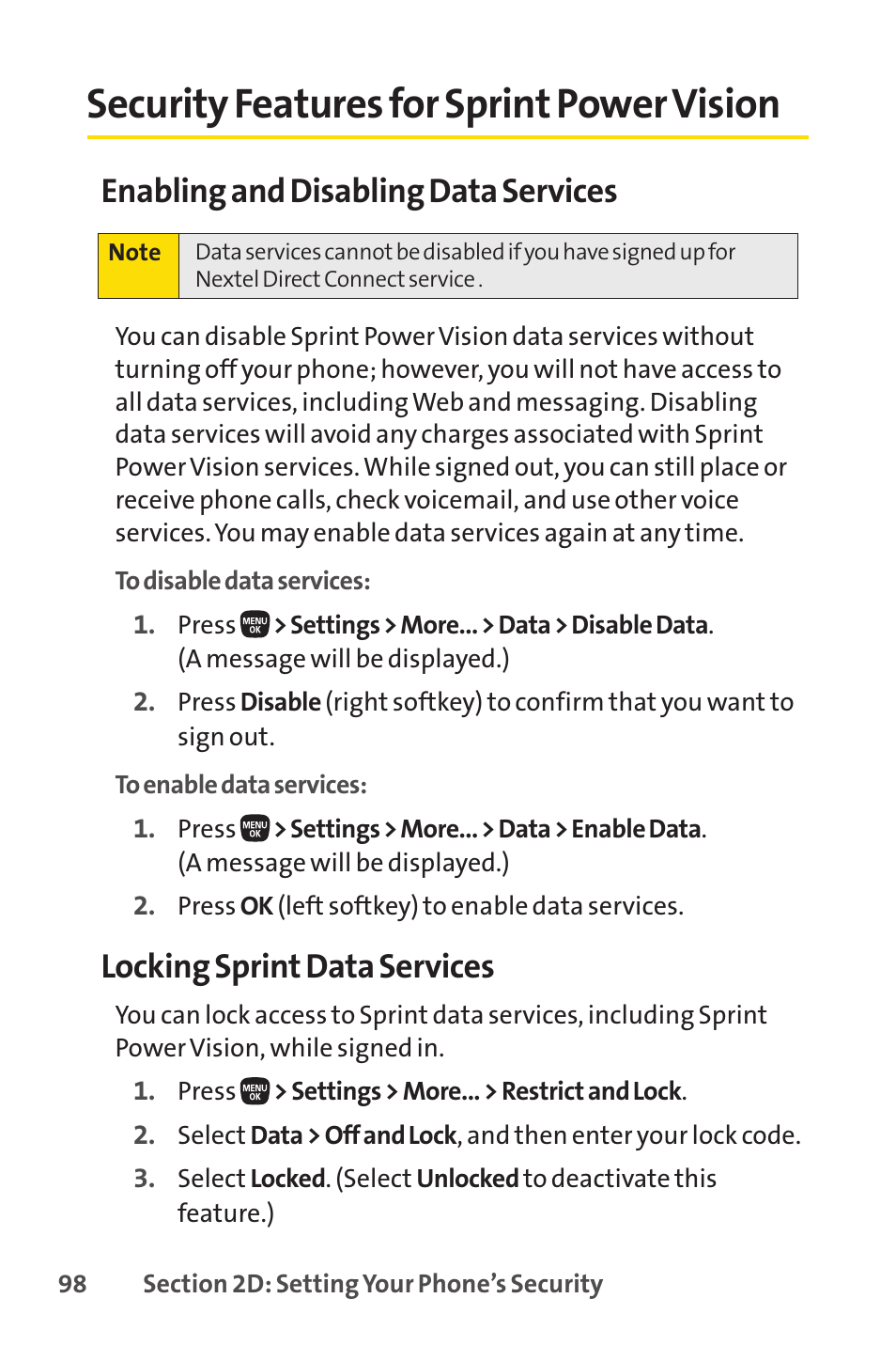 Security features for sprint power vision, E 98), Enabling and disabling data services | Locking sprint data services | Sanyo PRO-200 User Manual | Page 112 / 236