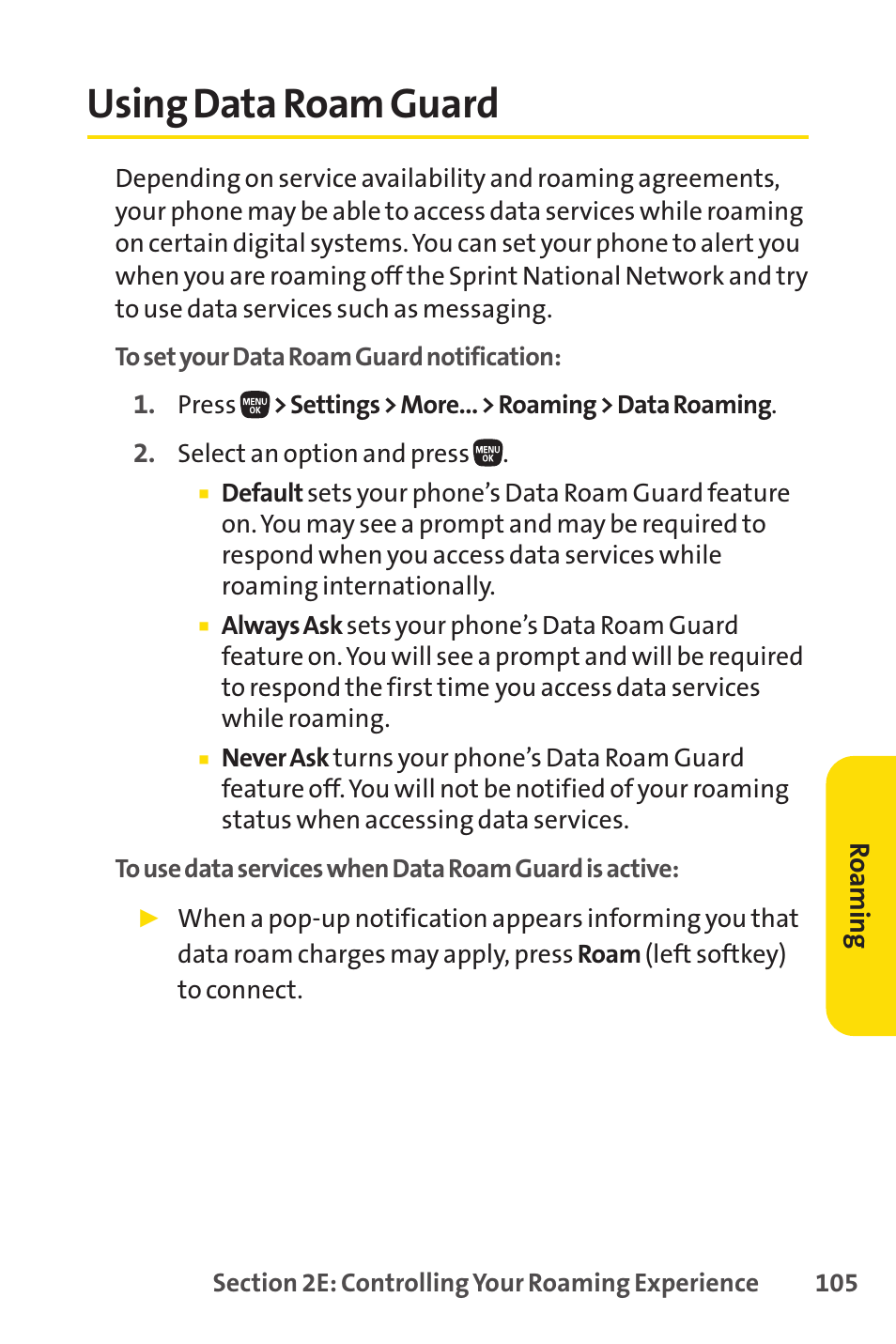 Using data roam guard, E 105) | Sanyo PRO-200 User Manual | Page 119 / 236